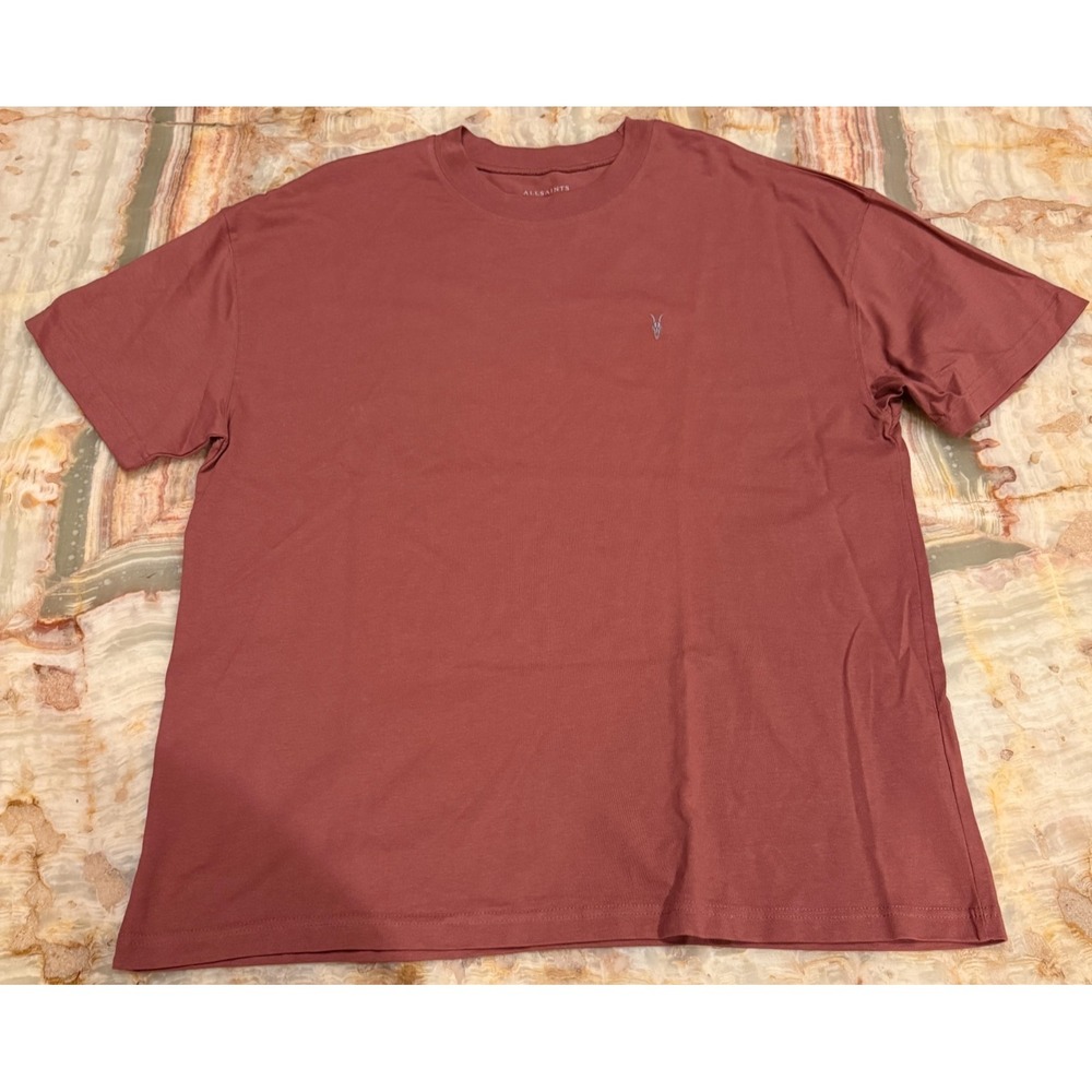 AllSaints Mens T-Shirt Brick Red Brace Crew Neck Short Sleeve Ramskull Logo L